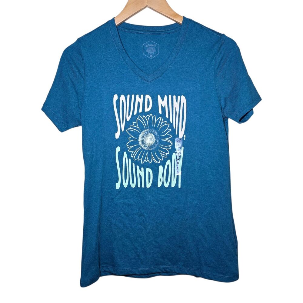 ASICS Women's Sunflower Slogan V-Neck T-Shirt Size Small Vintage Indigo NWT